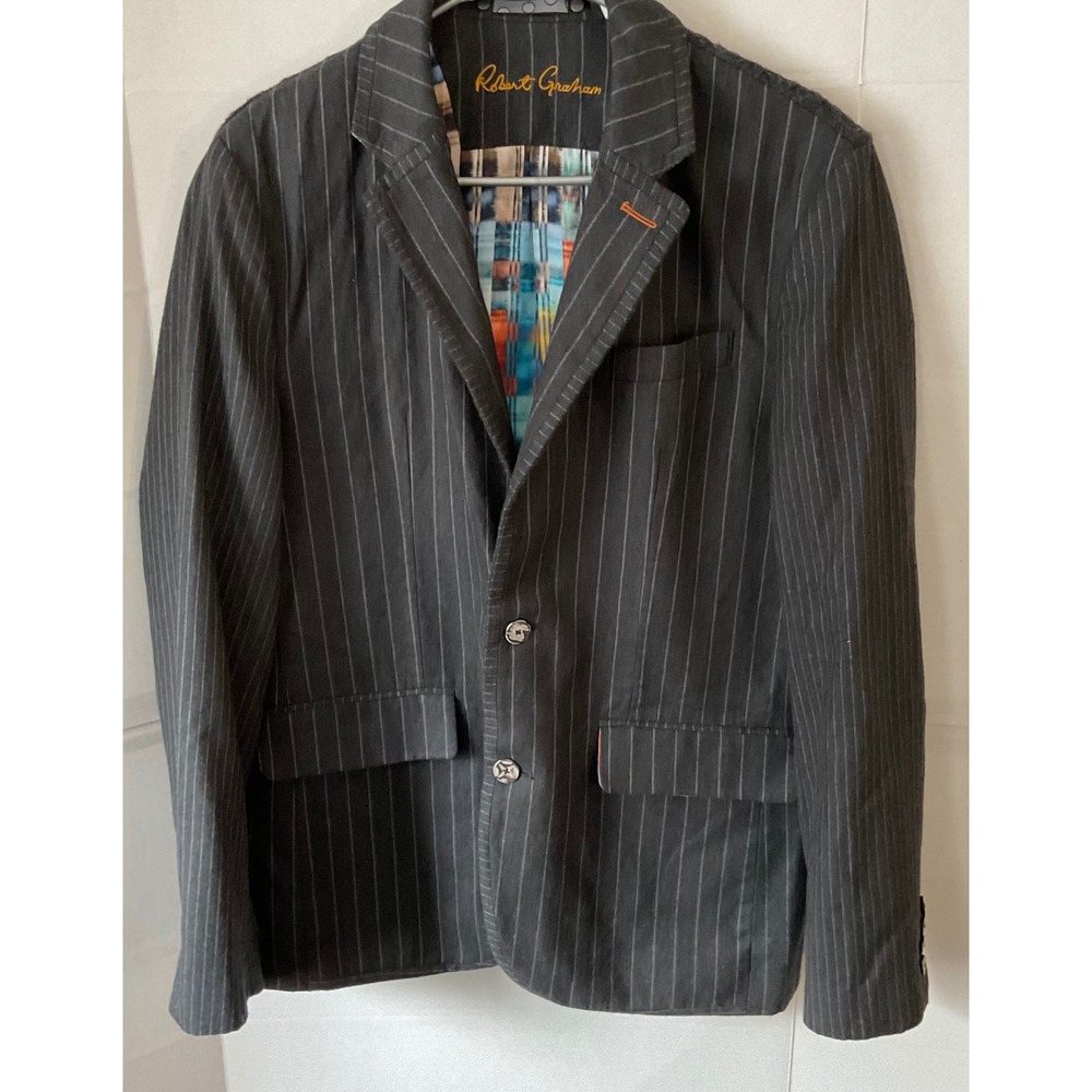 Robert Graham Mens Charcoal Pinstripe Wool Blazer Jacket Size 38